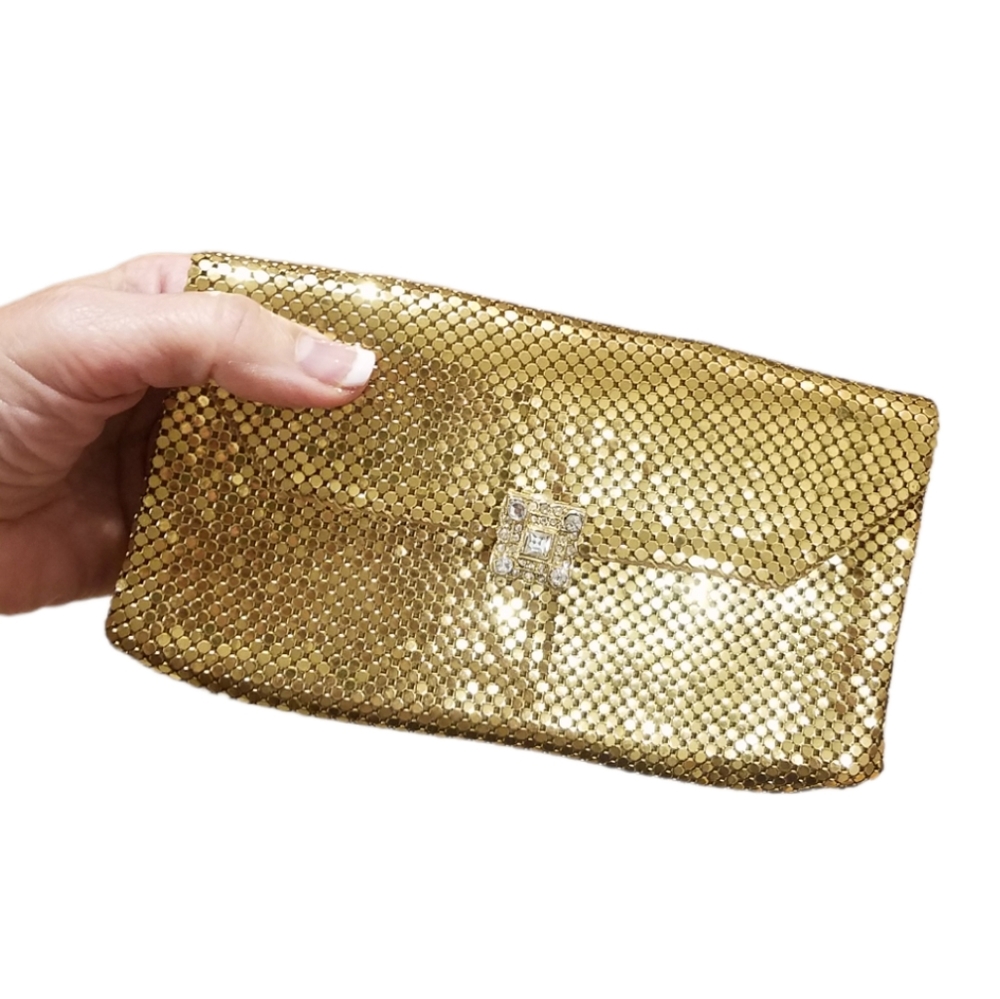 Whiting & Davis vintage gold & rhinestones mesh chainmail clutch bag